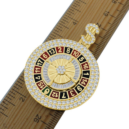27+ Grams Real Sterling Silver Multi Tone 14K Gold Over Casino Gambling Roulette Wheel Dollar Sign Simulated Diamond Pendant Lucky Charm