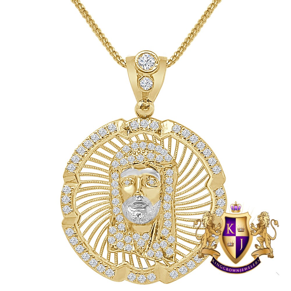 100% 10K Real Solid Yellow Gold Jesus Face Piece Medallion Simulated Diamond Pendent Charm + Free Chain