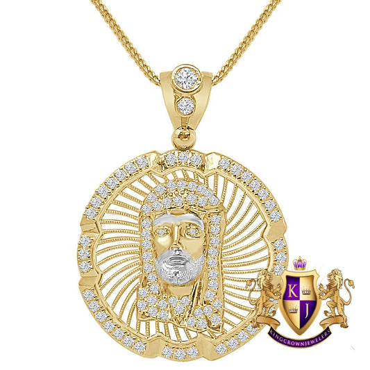 100% 10K Real Solid Yellow Gold Jesus Face Piece Medallion Simulated Diamond Pendent Charm + Free Chain