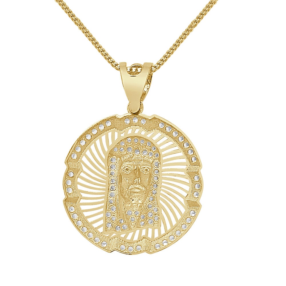 100% 10K Real Solid Yellow Gold Jesus Face Piece Medallion Simulated Diamond Pendent Charm + Free Chain