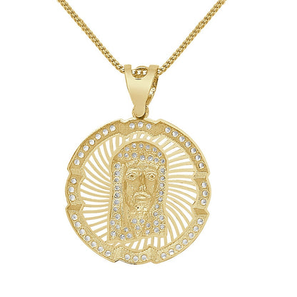 100% 10K Real Solid Yellow Gold Jesus Face Piece Medallion Simulated Diamond Pendent Charm + Free Chain