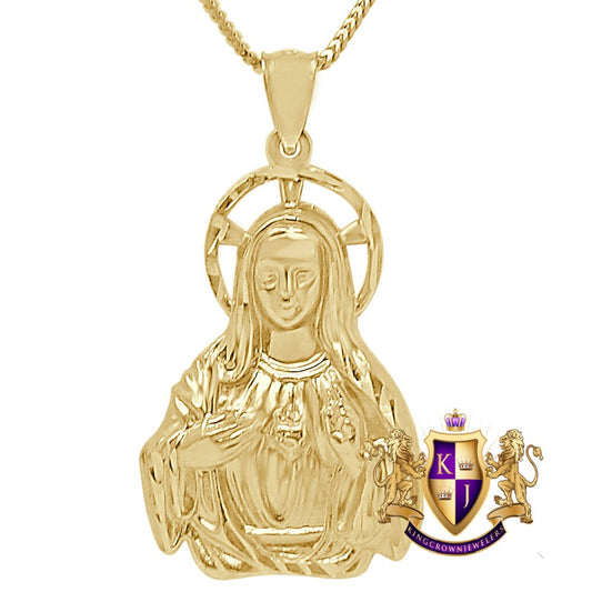 100% 10K Real Authentic Solid Yellow Gold Lady Guadalupe Virgin Mother Mary Pendent Religious Charm 1.85'' + Free Chain