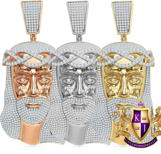 Real Genuine Sterling Silver 100+ Grams Big Huge 4.25'' 14K Gold Over Custom Jesus Piece Face 9.00 Cwt. Simulated Diamond Pendant Charm
