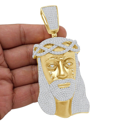 Big Huge 4.25'' Real Sterling Silver 100+ Grams 14K Matte Gold Over Custom Jesus Face Piece  9.00 Cwt. Simulated Diamond Cross Pendant Charm