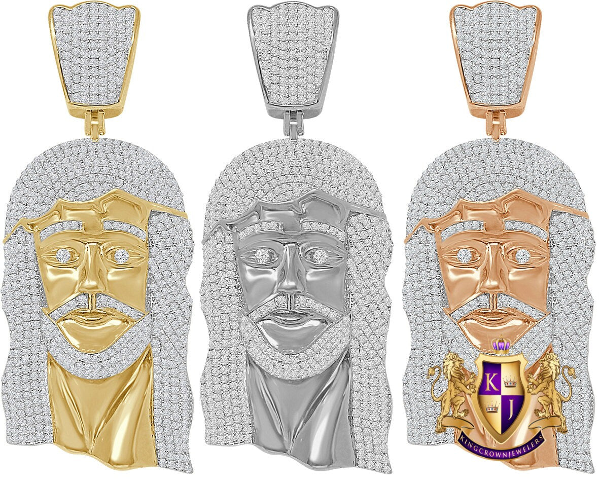 Real Genuine Sterling Silver 66 + Grams 14K Gold Over Custom Jesus Piece Face 9.00 Cwt. Simulated Diamond Pendant Charm Big XL 4''