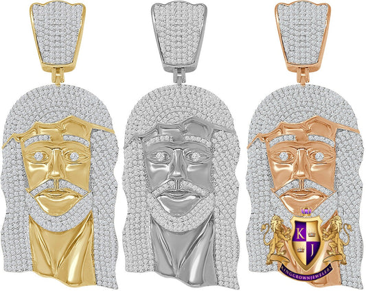 Real Genuine Sterling Silver 66 + Grams 14K Gold Over Custom Jesus Piece Face 9.00 Cwt. Simulated Diamond Pendant Charm Big XL 4''