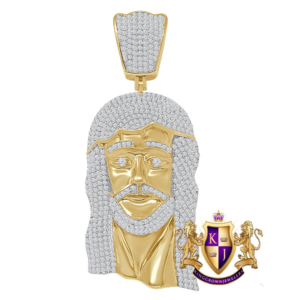 Real Genuine Sterling Silver 66 + Grams 14K Gold Over Custom Jesus Piece Face 9.00 Cwt. Simulated Diamond Pendant Charm Big XL 4''