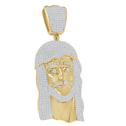 Real Genuine Sterling Silver 66 + Grams 14K Gold Over Custom Jesus Piece Face 9.00 Cwt. Simulated Diamond Pendant Charm Big XL 4''