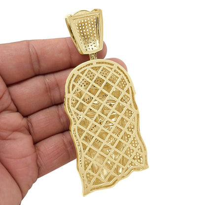 Real Genuine Sterling Silver 66 + Grams 14K Gold Over Custom Jesus Piece Face 9.00 Cwt. Simulated Diamond Pendant Charm Big XL 4''