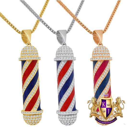Real Genuine Italian Sterling Silver Barber Shop Pole 14K Gold Over 1.00 Cwt. Simulated Diamond Unisex Pendent Charm Chain Neckless Set 2"