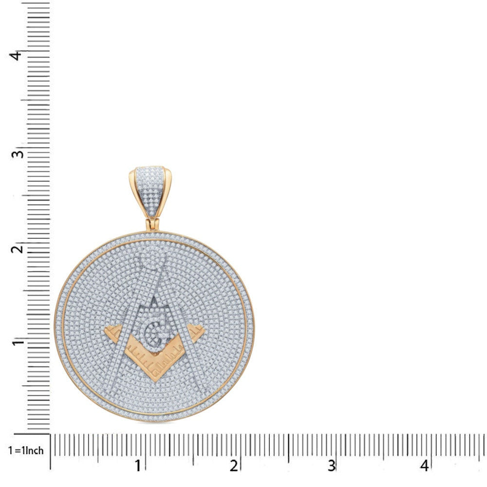 Real Genuine Sterling Silver 37+ Grams 8 Ctw. Simulated Diamond 14K Gold Over Freemason Masonic G Compass Medallion Pendant Charm Big 2.75''