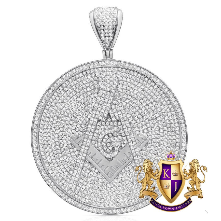 Real Genuine Sterling Silver 37+ Grams 8 Ctw. Simulated Diamond 14K Gold Over Freemason Masonic G Compass Medallion Pendant Charm Big 2.75''