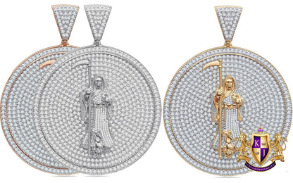 40+ Grams Real Sterling Silver Big 3'' 14K Gold Over Santa Muerte Grim Reaper Angel Of Death Medallion Simulated Diamond Men's Pendant Charm