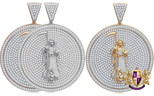 40+ Grams Real Sterling Silver Big 3'' 14K Gold Over Santa Muerte Grim Reaper Angel Of Death Medallion Simulated Diamond Men's Pendant Charm