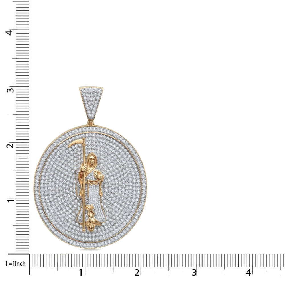 40+ Grams Real Sterling Silver Big 3'' 14K Gold Over Santa Muerte Grim Reaper Angel Of Death Medallion Simulated Diamond Men's Pendant Charm