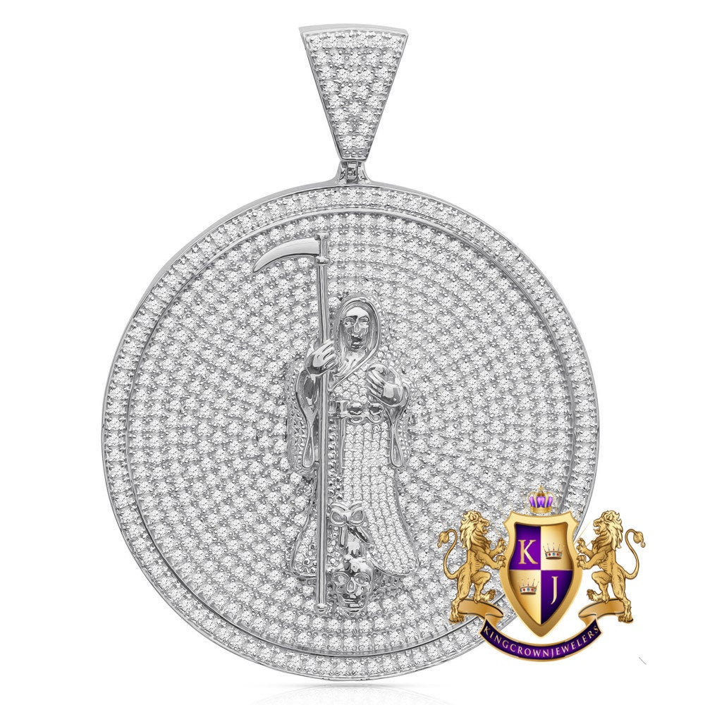 40+ Grams Real Sterling Silver Big 3'' 14K Gold Over Santa Muerte Grim Reaper Angel Of Death Medallion Simulated Diamond Men's Pendant Charm