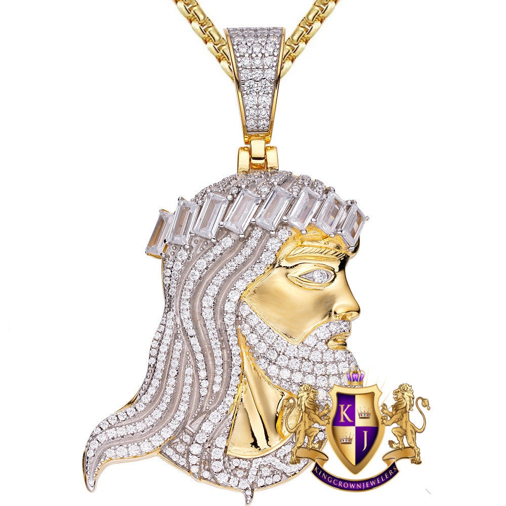 33+ Grams Genuine Italian Sterling Silver High Quality Baguette/Round Cut Simulated Diamonds Jesus Christ Face Piece Charm Pendent 2.55''