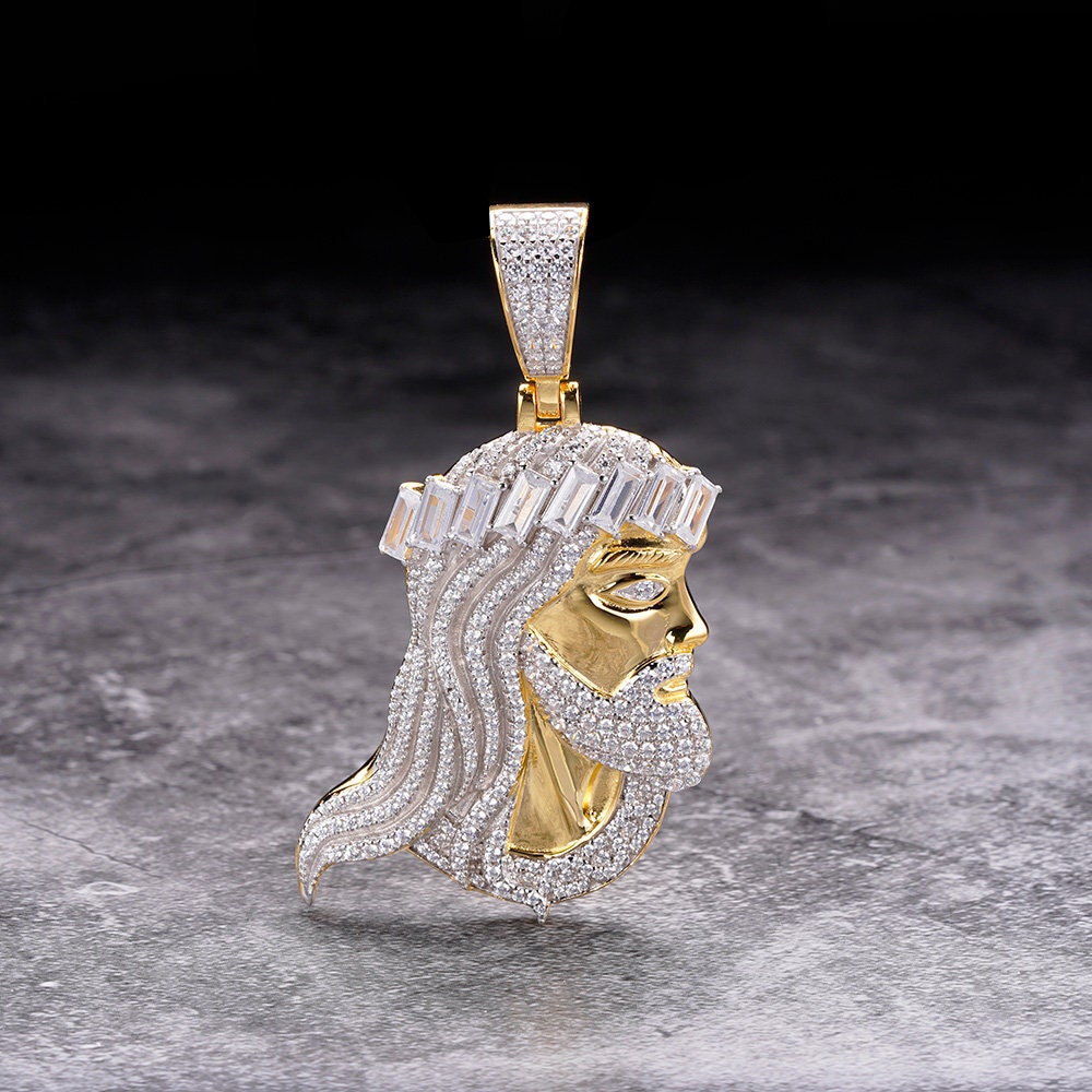 33+ Grams Genuine Italian Sterling Silver High Quality Baguette/Round Cut Simulated Diamonds Jesus Christ Face Piece Charm Pendent 2.55''