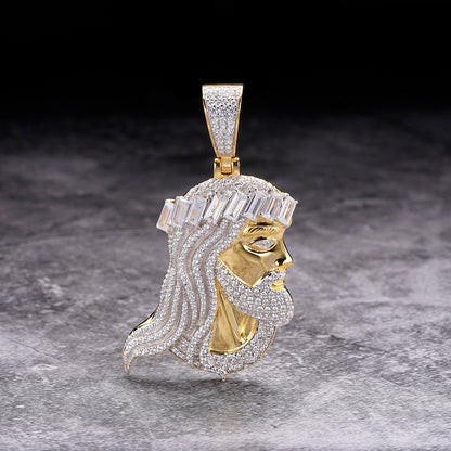 33+ Grams Genuine Italian Sterling Silver High Quality Baguette/Round Cut Simulated Diamonds Jesus Christ Face Piece Charm Pendent 2.55''