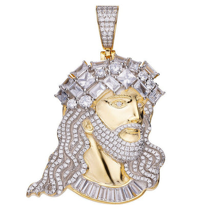 2.5'' Genuine Italian Sterling Silver High Quality Baguette/Round Cut Simulated Diamonds Jesus Christ Face Piece Charm Pendent 33+ Grams