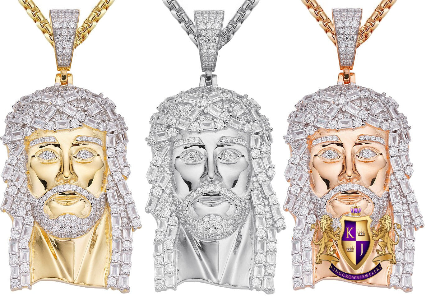 Real Genuine Sterling Silver High Quality Baguette/Round Cut Simulated Diamonds Jesus Christ Face Piece Charm Pendent 31+ Grams 2.5''