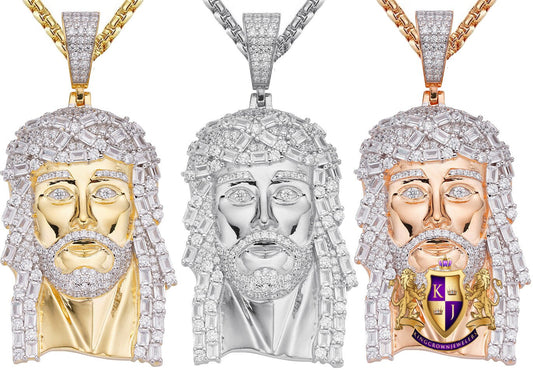 Real Genuine Sterling Silver High Quality Baguette/Round Cut Simulated Diamonds Jesus Christ Face Piece Charm Pendent 31+ Grams 2.5''