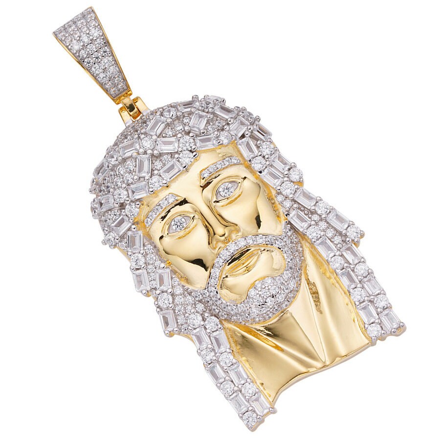 Real Genuine Sterling Silver High Quality Baguette/Round Cut Simulated Diamonds Jesus Christ Face Piece Charm Pendent 31+ Grams 2.5''