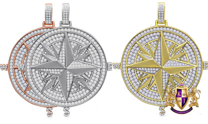 54+ Grams Real Gold Sterling Silver Big 3'' Custom Piece Accent Beaded Nautical Compass Medallion Pendant 4.00 Cwt. Simulated Diamonds Charm
