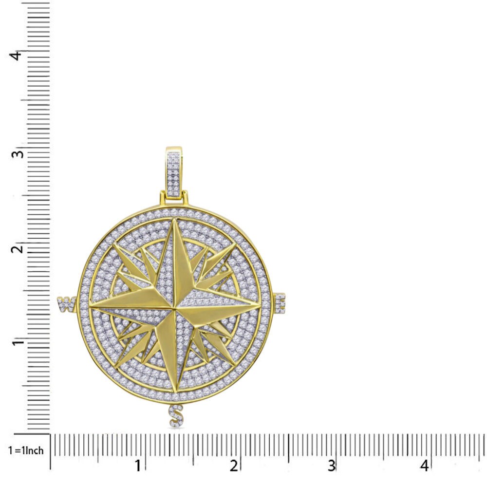 54+ Grams Real Gold Sterling Silver Big 3'' Custom Piece Accent Beaded Nautical Compass Medallion Pendant 4.00 Cwt. Simulated Diamonds Charm