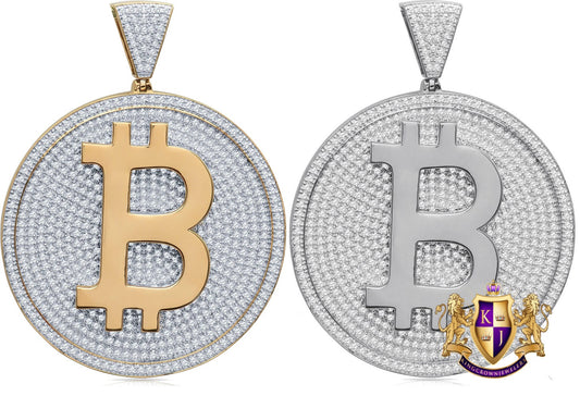 41+ Grams Men's Big XL 3'' 14K Gold On Real Sterling Silver Bitcoin Cryptocurrency Pendant Simulated Diamond Medallion Charm