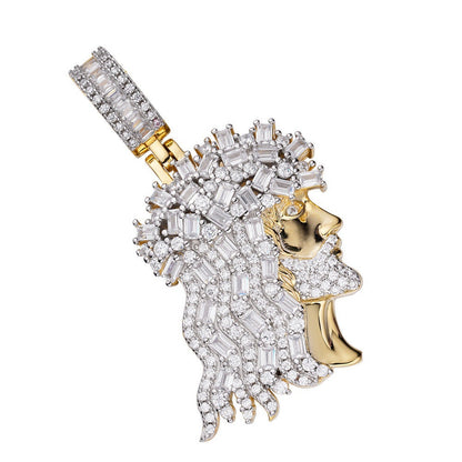 Small 1.60'' Real Sterling Silver High Quality Baguette/Round Cut Simulated Diamonds Jesus Christ Face Piece Charm Pendent