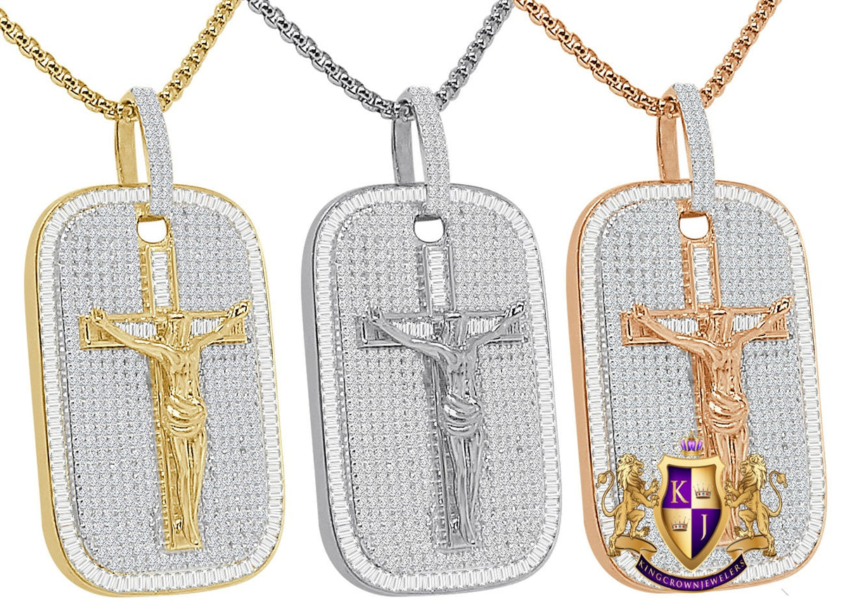 28+ Grams Real Sterling Silver Jesus Crucifix Cross Dog Tag Frame Pendant 14K Gold Over Baguette/Round Cut Simulated Diamond Charm 2.10''