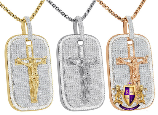 28+ Grams Real Sterling Silver Jesus Crucifix Cross Dog Tag Frame Pendant 14K Gold Over Baguette/Round Cut Simulated Diamond Charm 2.10''