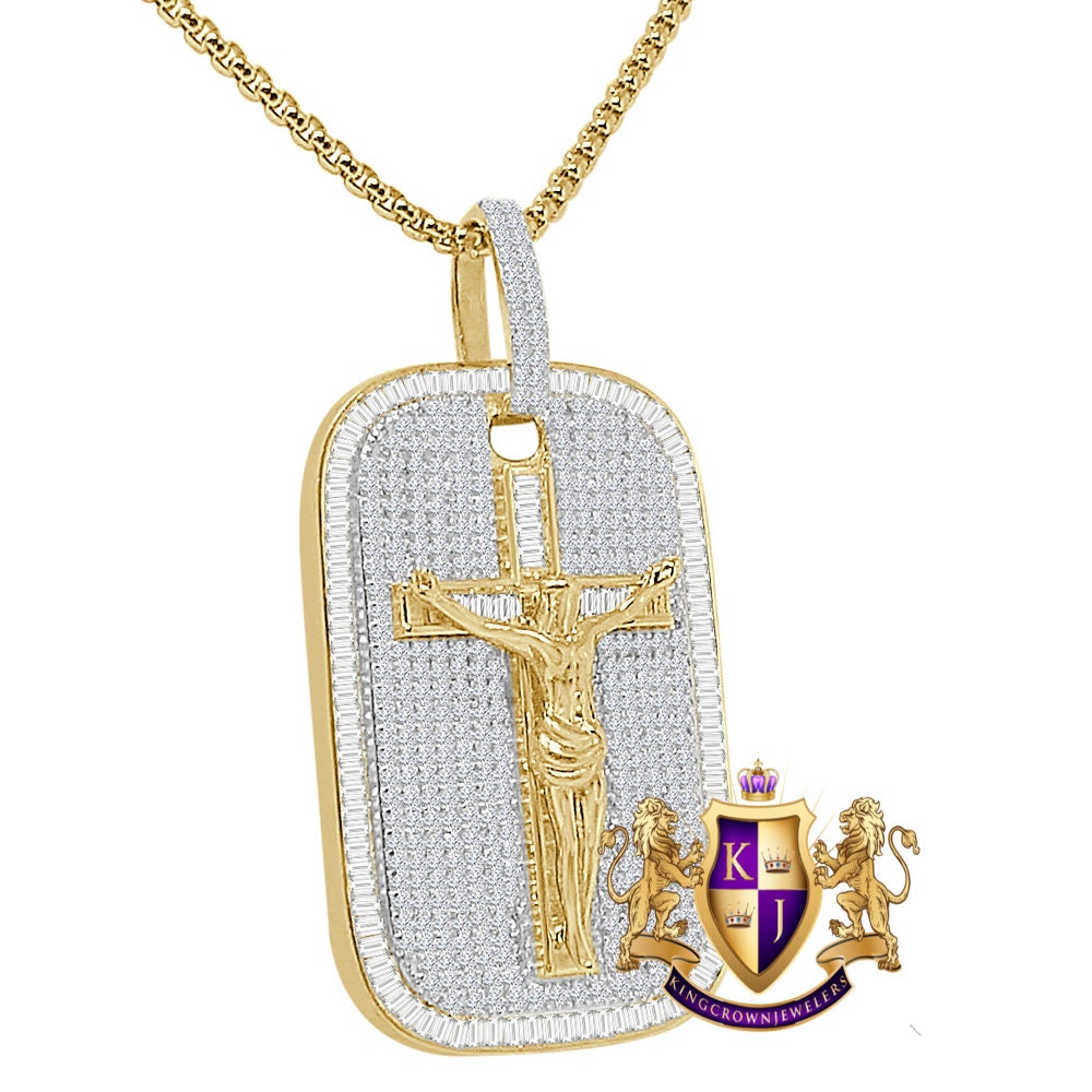 28+ Grams Real Sterling Silver Jesus Crucifix Cross Dog Tag Frame Pendant 14K Gold Over Baguette/Round Cut Simulated Diamond Charm 2.10''