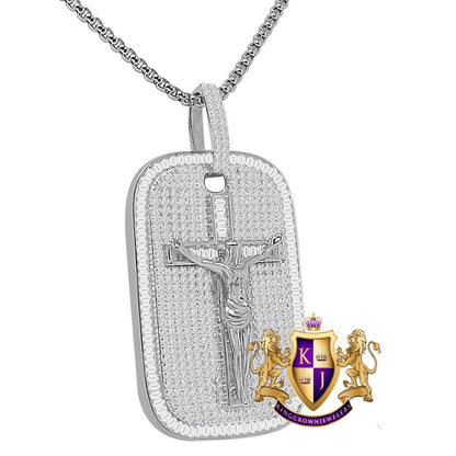 28+ Grams Real Sterling Silver Jesus Crucifix Cross Dog Tag Frame Pendant 14K Gold Over Baguette/Round Cut Simulated Diamond Charm 2.10''