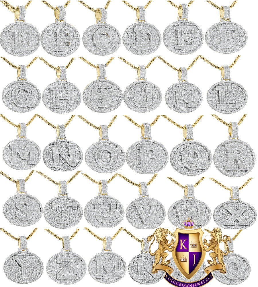 Baguette 3D 14K Yellow Gold Over 2.00 Cwt. Simulated Diamond Initial Letter Alphabet Round Bezel Charm Custom Pendent Chain Set Small 1.65''
