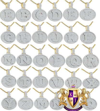 Baguette 3D 14K Yellow Gold Over 2.00 Cwt. Simulated Diamond Initial Letter Alphabet Round Bezel Charm Custom Pendent Chain Set Small 1.65''