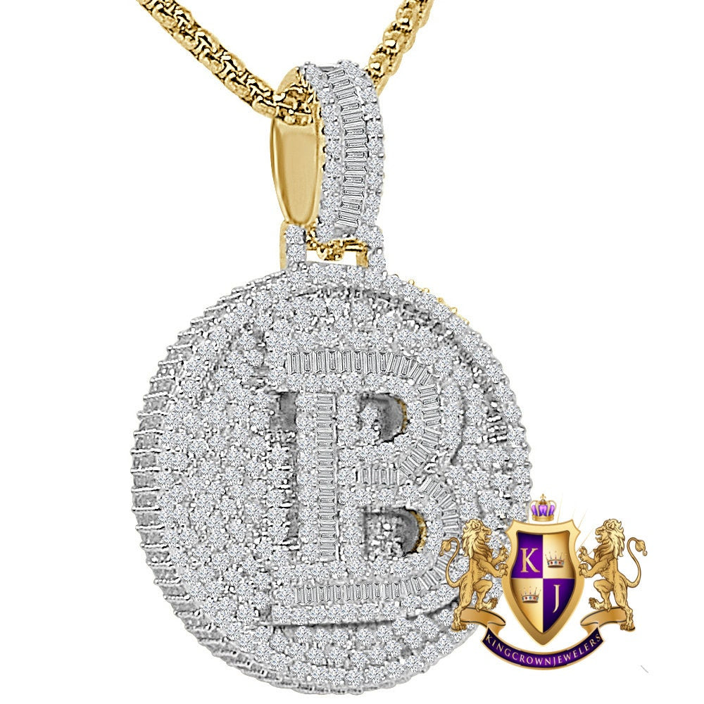 Baguette 3D 14K Yellow Gold Over 2.00 Cwt. Simulated Diamond Initial Letter Alphabet Round Bezel Charm Custom Pendent Chain Set Small 1.65''