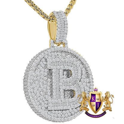 Baguette 3D 14K Yellow Gold Over 2.00 Cwt. Simulated Diamond Initial Letter Alphabet Round Bezel Charm Custom Pendent Chain Set Small 1.65''