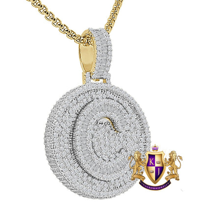 Baguette 3D 14K Yellow Gold Over 2.00 Cwt. Simulated Diamond Initial Letter Alphabet Round Bezel Charm Custom Pendent Chain Set Small 1.65''