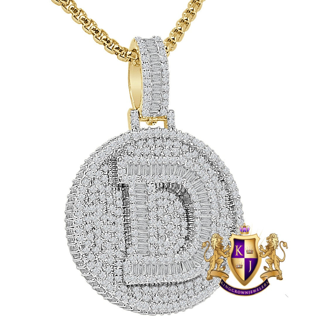 Baguette 3D 14K Yellow Gold Over 2.00 Cwt. Simulated Diamond Initial Letter Alphabet Round Bezel Charm Custom Pendent Chain Set Small 1.65''