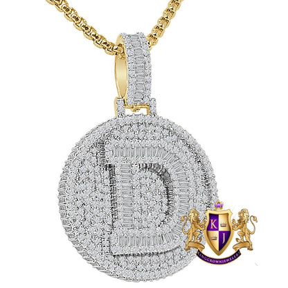Baguette 3D 14K Yellow Gold Over 2.00 Cwt. Simulated Diamond Initial Letter Alphabet Round Bezel Charm Custom Pendent Chain Set Small 1.65''