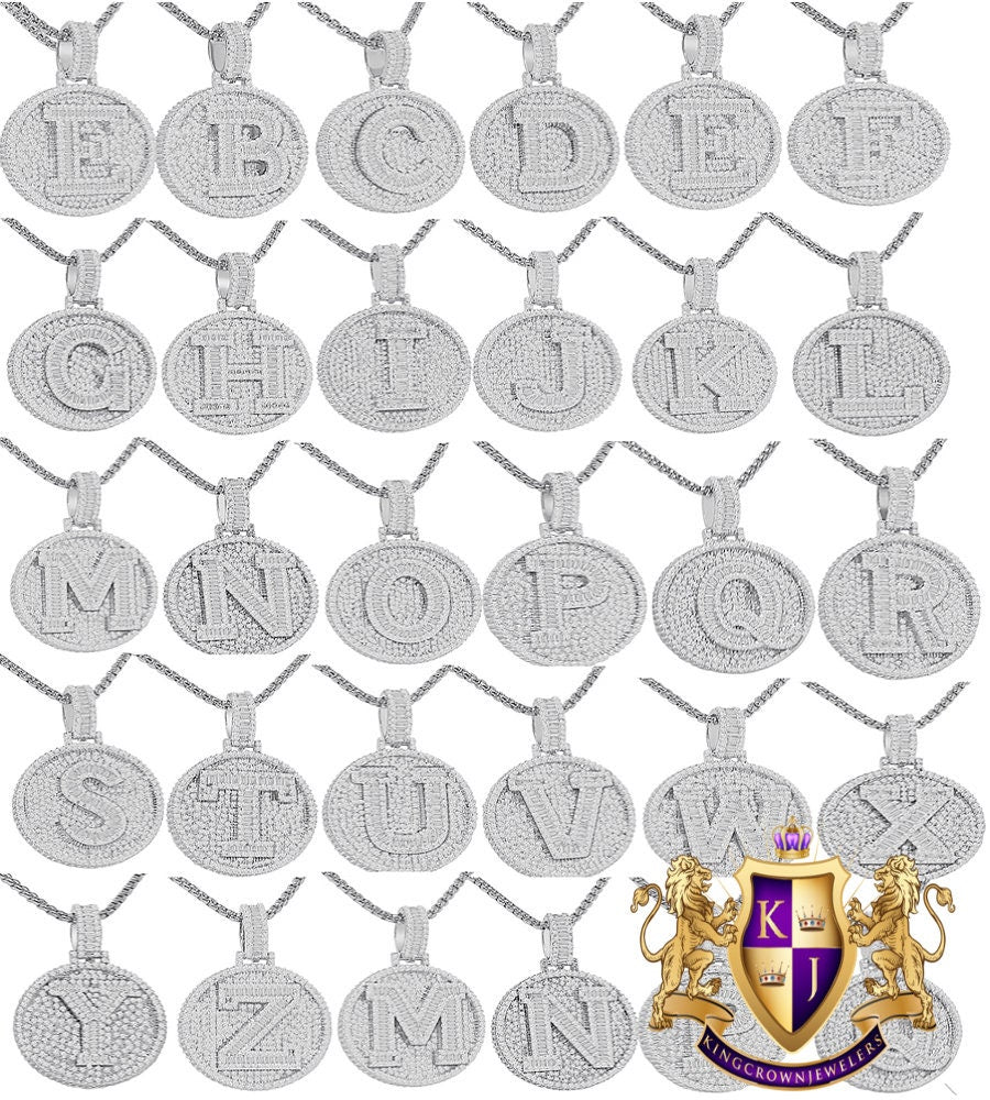 Baguette 3D 14K White Gold Over 2.00 Cwt. Simulated Diamond Initial Letter Alphabet Round Bezel Charm Custom Pendent Chain Set Small 1.65''