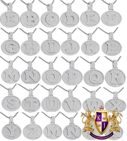 Baguette 3D 14K White Gold Over 2.00 Cwt. Simulated Diamond Initial Letter Alphabet Round Bezel Charm Custom Pendent Chain Set Small 1.65''