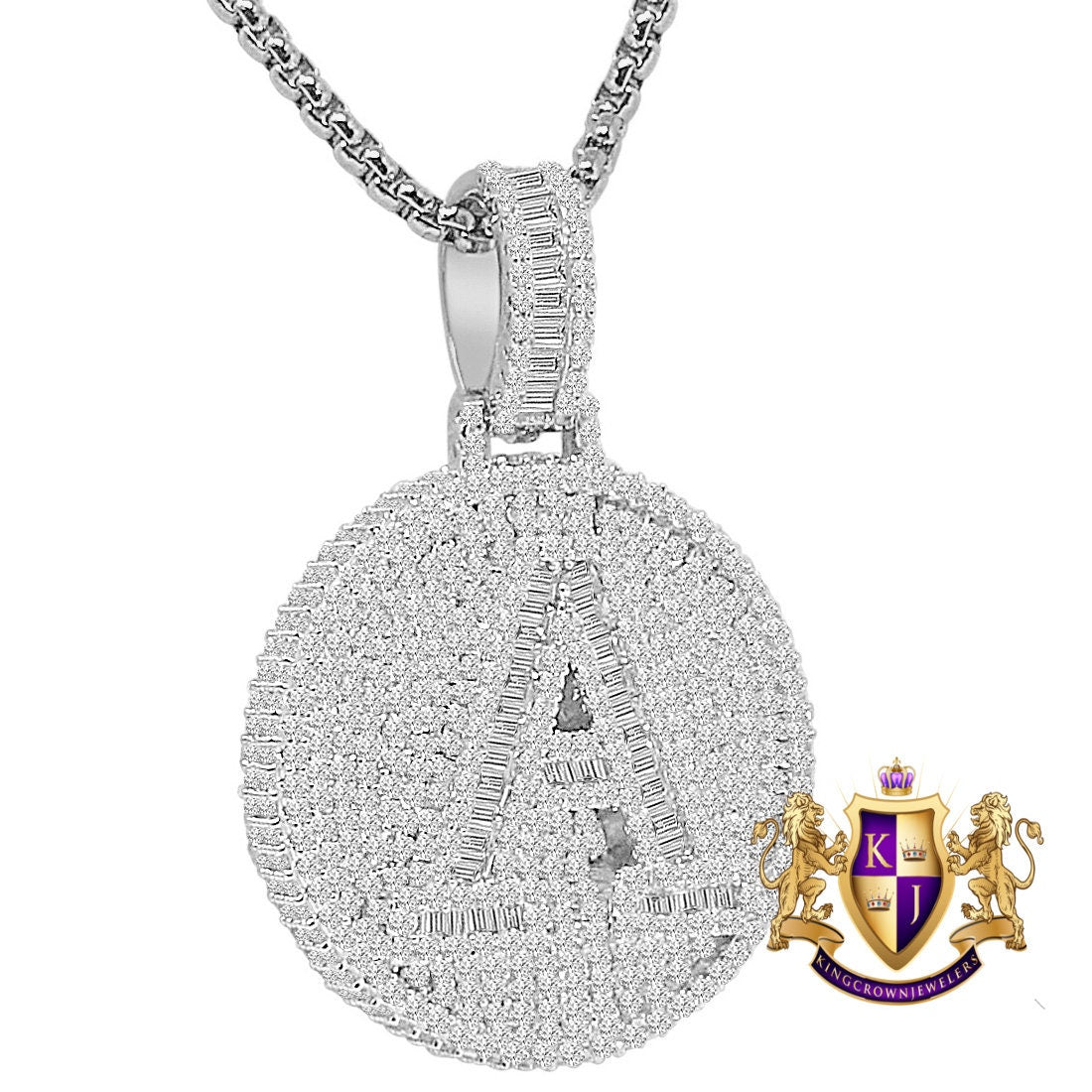 Baguette 3D 14K White Gold Over 2.00 Cwt. Simulated Diamond Initial Letter Alphabet Round Bezel Charm Custom Pendent Chain Set Small 1.65''