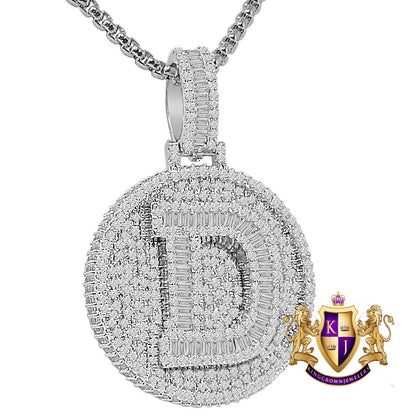 Baguette 3D 14K White Gold Over 2.00 Cwt. Simulated Diamond Initial Letter Alphabet Round Bezel Charm Custom Pendent Chain Set Small 1.65''