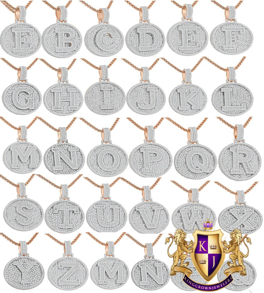 Baguette 3D 14K Rose Gold Over 2.00 Cwt. Simulated Diamond Initial Letter Alphabet Round Bezel Charm Custom Pendent Chain Set Small 1.65''
