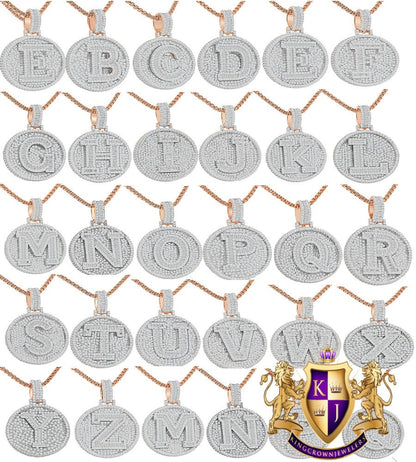 Baguette 3D 14K Rose Gold Over 2.00 Cwt. Simulated Diamond Initial Letter Alphabet Round Bezel Charm Custom Pendent Chain Set Small 1.65''
