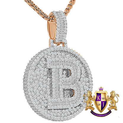 Baguette 3D 14K Rose Gold Over 2.00 Cwt. Simulated Diamond Initial Letter Alphabet Round Bezel Charm Custom Pendent Chain Set Small 1.65''