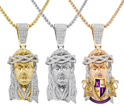 Real Genuine Authentic Diamond Jesus Face Piece 10K Gold Over Religious Charm Mini Small 1.75'' Unisex Pendent Chain Set